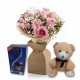 RAMO DE 6 ROSAS ROSAS CON PELUCHE Y BOMBONES