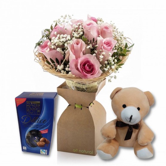 RAMO DE 6 ROSAS ROSAS CON PELUCHE Y BOMBONES