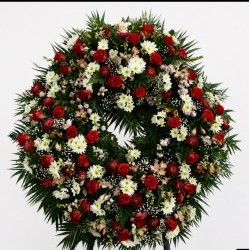 CORONA FUNEBRE PREMIUM TONOS ROJOS Y FLOR BLANCA