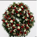 CORONA FUNEBRE PREMIUM TONOS ROJOS Y FLOR BLANCA