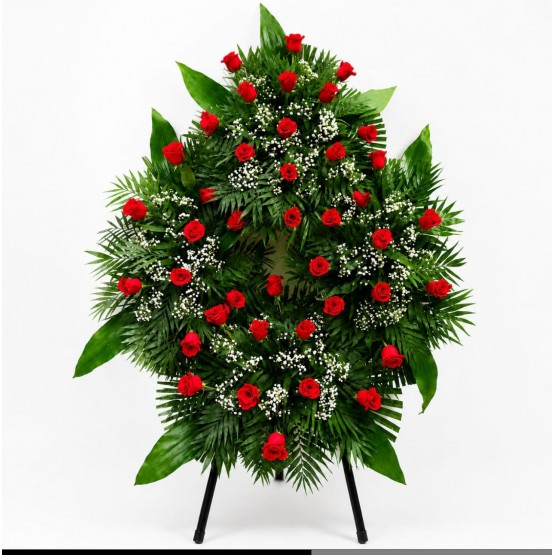 CORONA FÚNEBRE PREMIUM CON ROSAS ROJAS