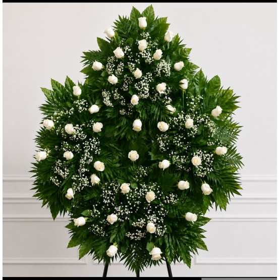CORONA FÚNEBRE PREMIUM CON ROSAS BLANCAS