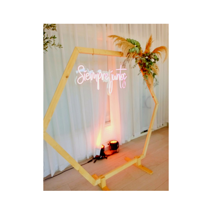 marco para boda con decoración floral y neon siempre juntos